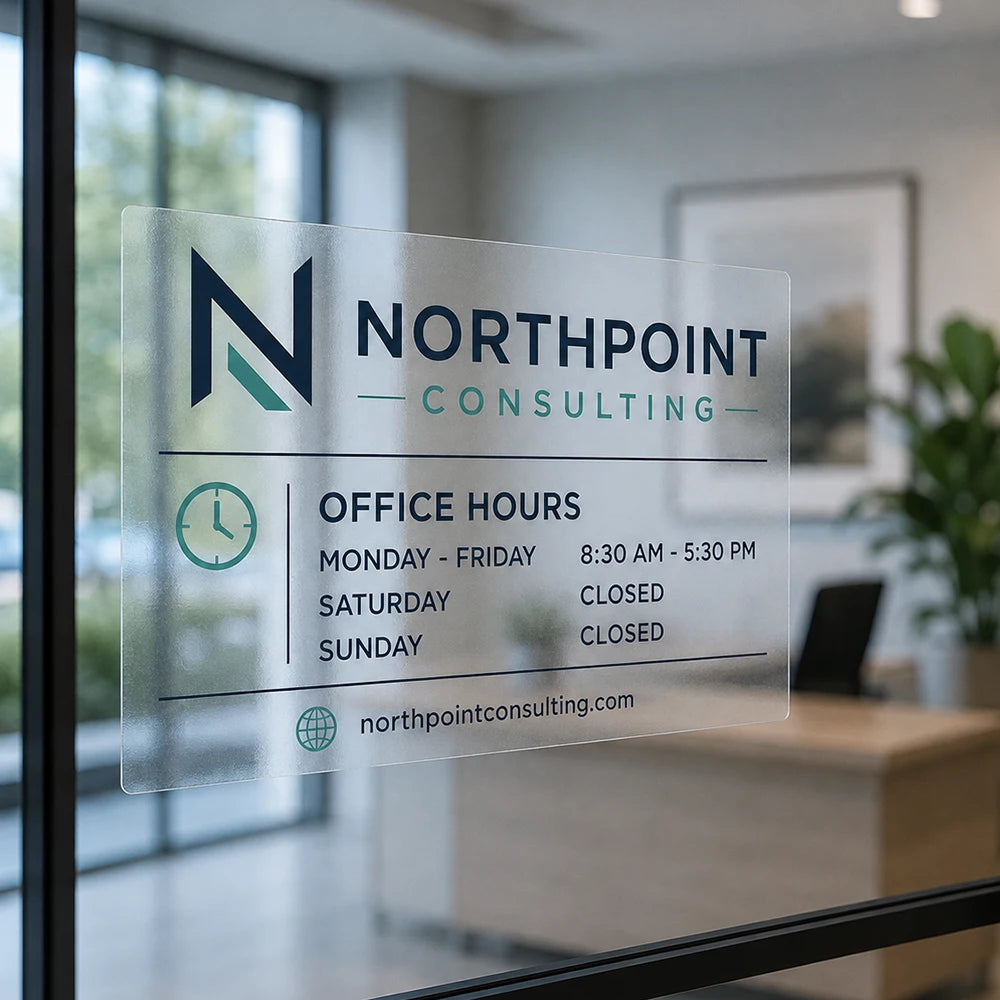 Clear static cling logo applied to office glass.