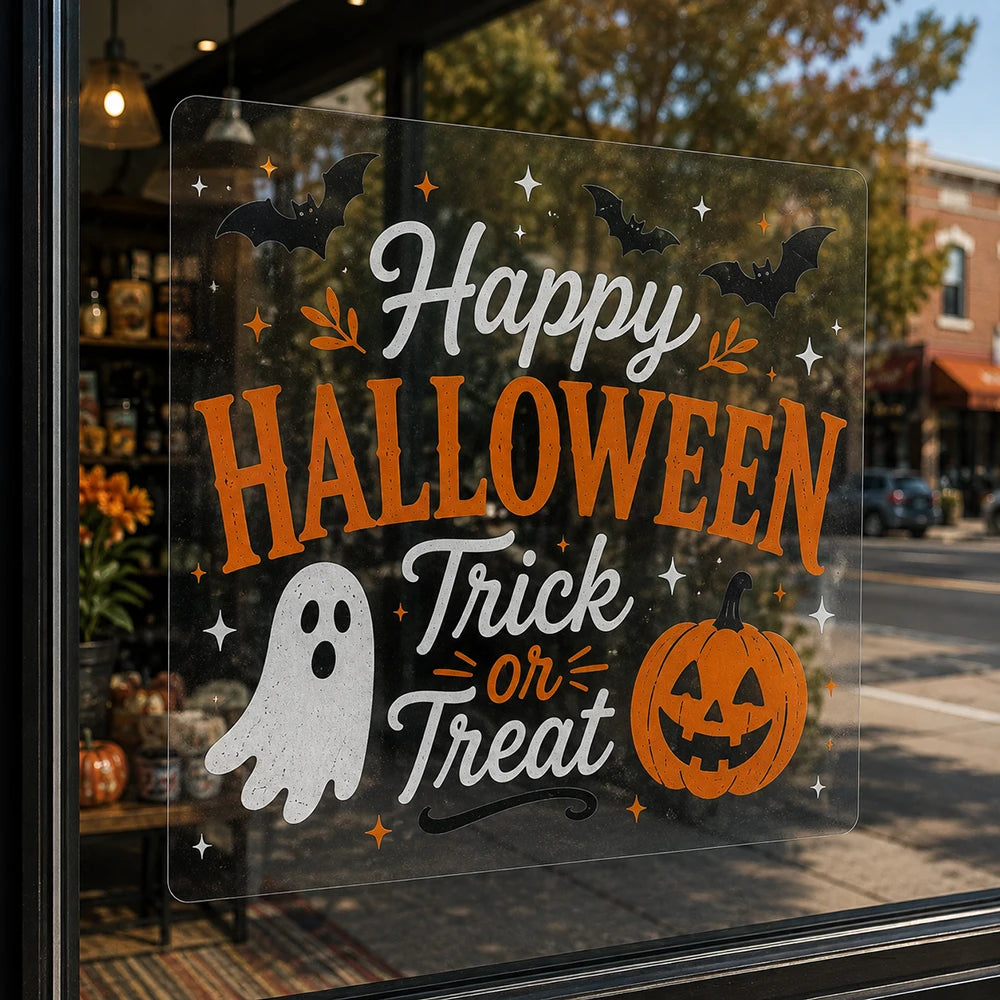 Clear static cling seasonal graphic on a storefront window.