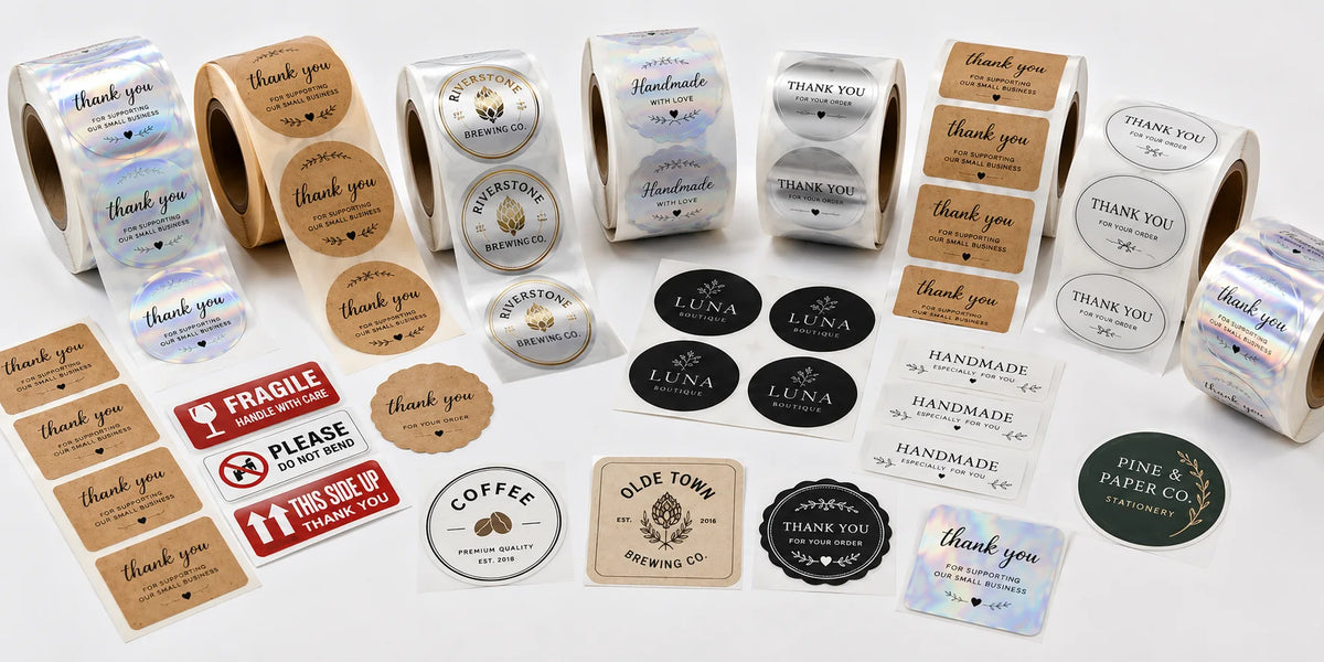 Custom labels collection showing clear roll labels for product packaging.