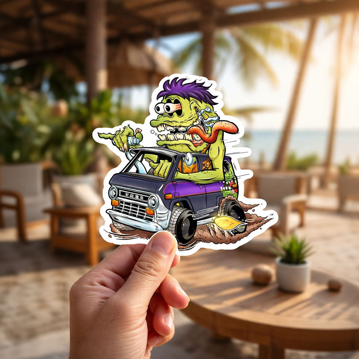 Cartoon character sticker held in front of a blurred outdoor setting with plants and furniture.