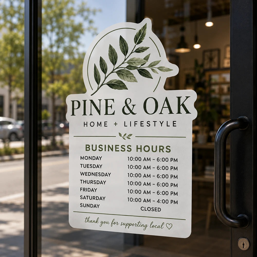 White static cling with business hours on a glass door.