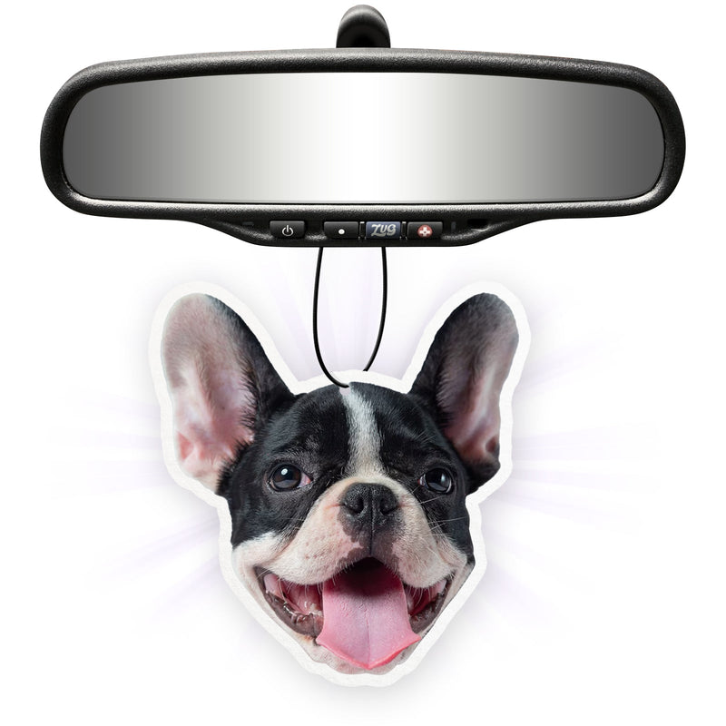 Custom dog-shaped air freshener hanging from a rearview mirror