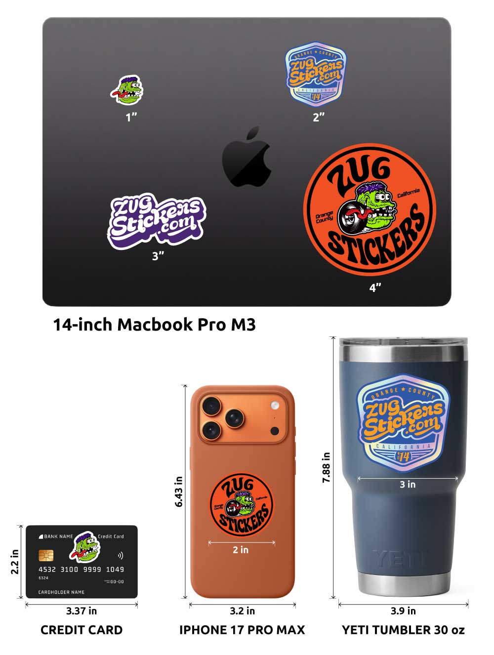 Sticker size comparison: 1 to 4 inch stickers shown on a 14-inch laptop, credit card, phone, and 30 oz tumbler